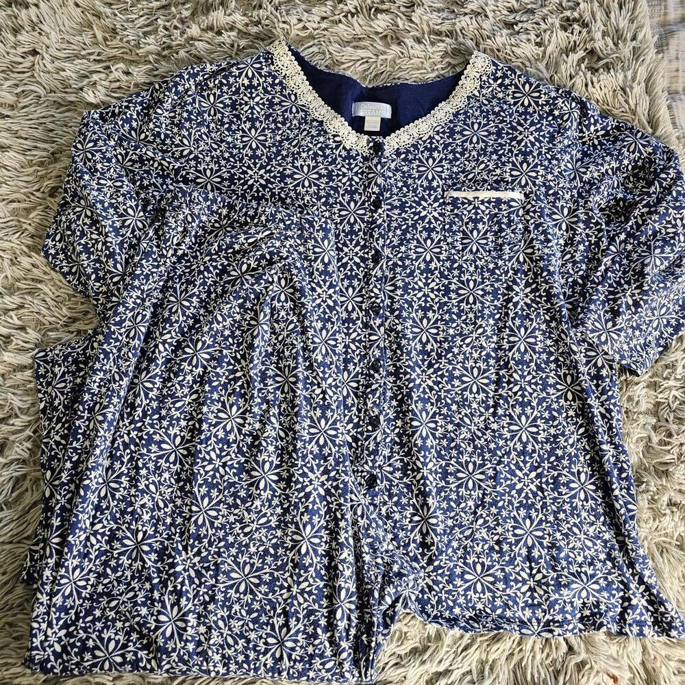 Celestial Dreams Women's 2X Blue Floral Pajama Set with Lace Trim